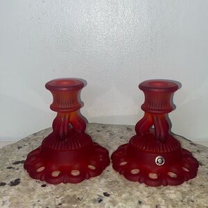 Vintage Westmoreland Handmade Red Glass Satin Mist Doric Lace Candle Holder Pair